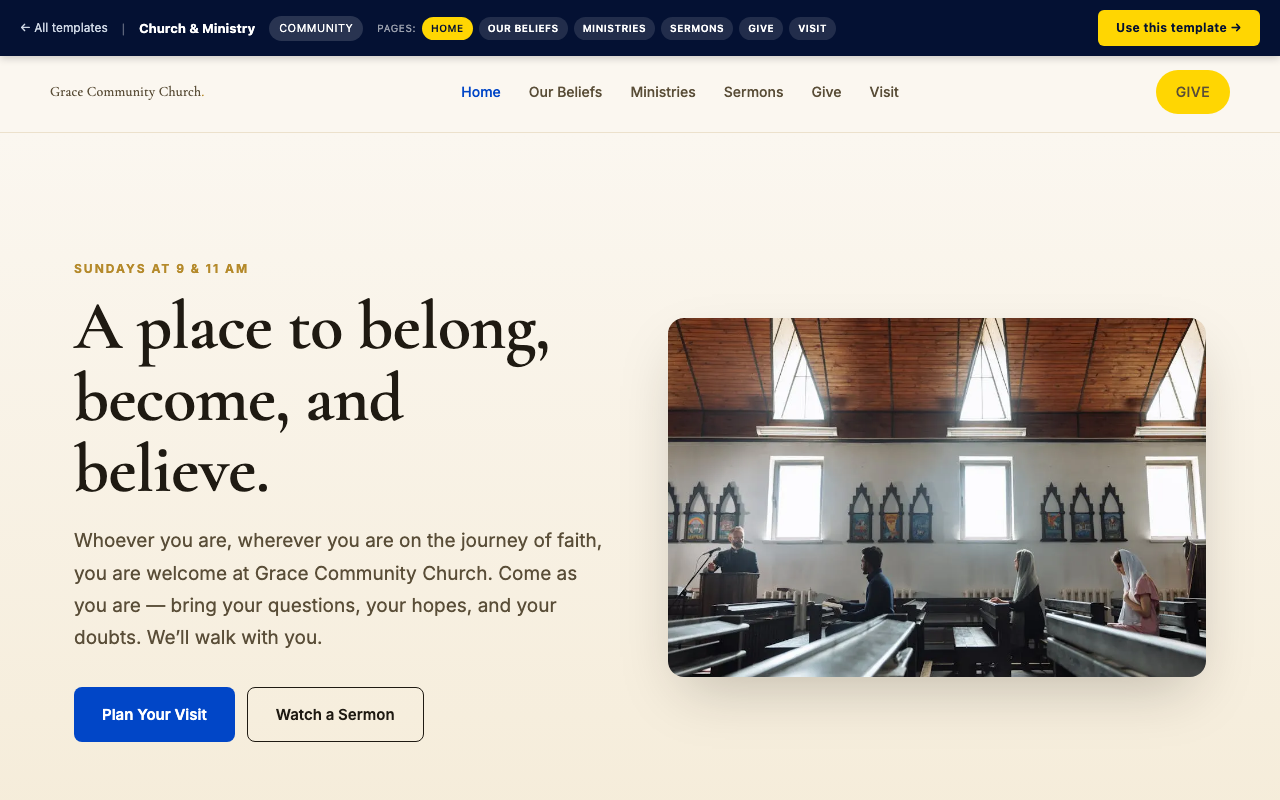 Church & Ministry community website template preview